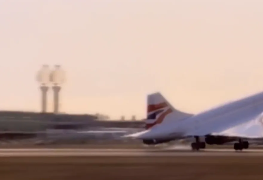 Concorde on a runway, seen from behind