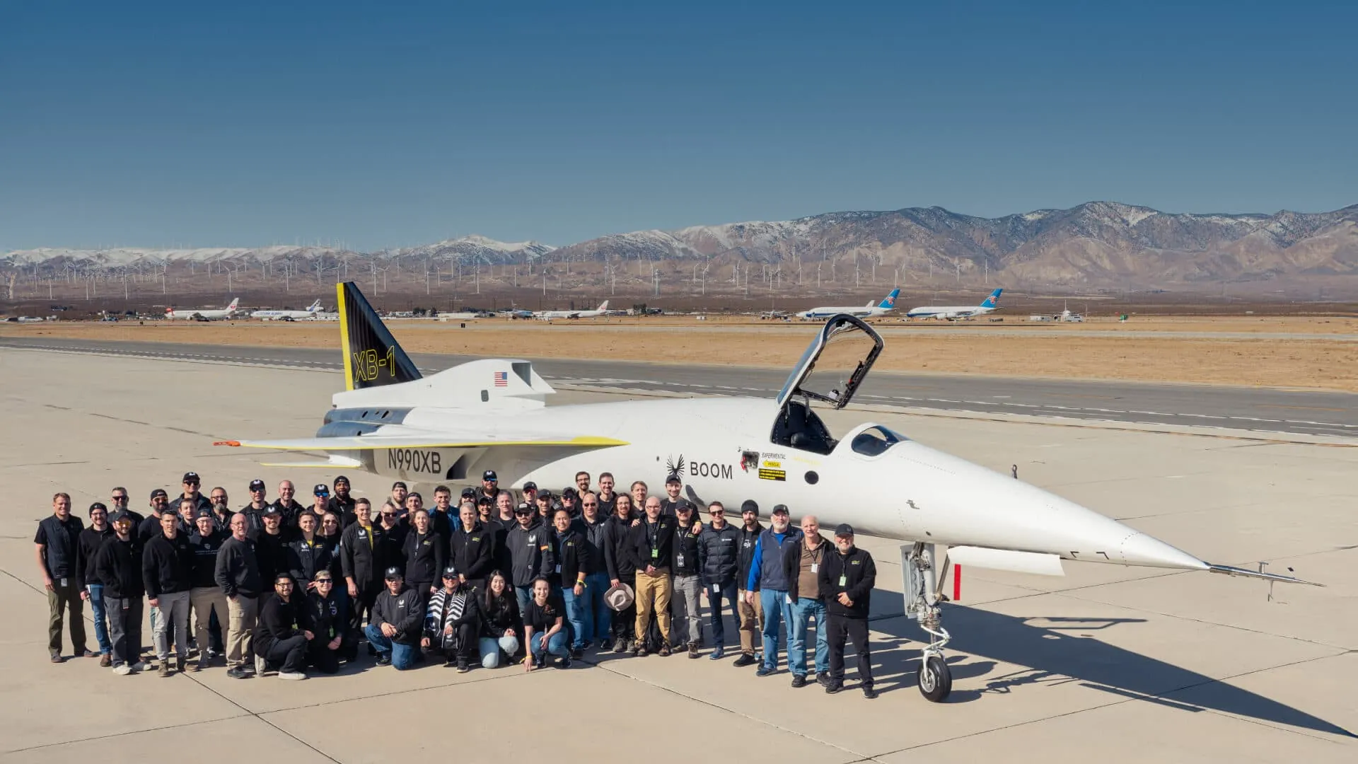 The Boom team gathered in front of XB-1 on the flight line