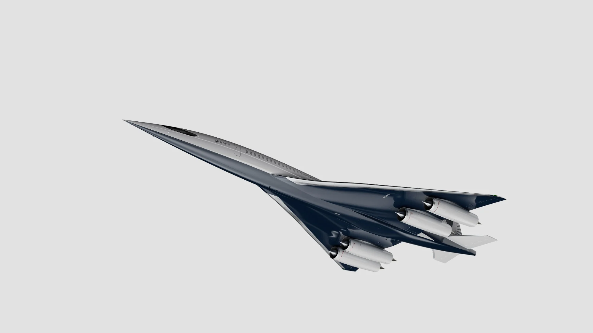 Boom supersonic airliner concept in navy and silver, seen from below against a light grey background